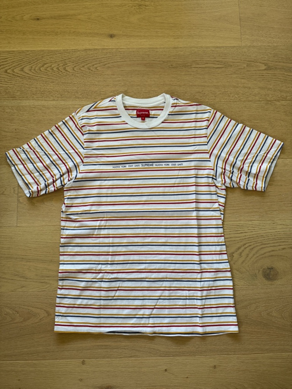 Supreme White Tee with Red, Yellow & Navy Stripes